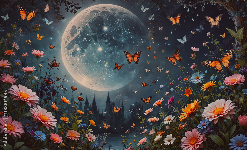 Poster painting of a moon with many butterflies flying around it. the butterflies are in various colors and