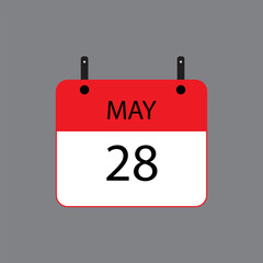 Calendar icon with date 28 of may on grey background. Vector schedule symbol.
