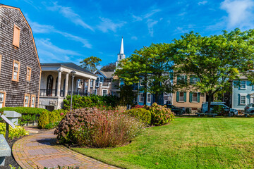 A view across a park towards Bellevue Avenue in Newport, USA in the fall