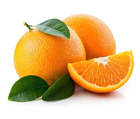 Fresh whole orange with two sliced orange wedges on white background, citrus fruit close-up