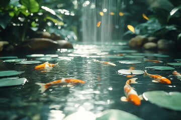 Koi fish swimming in a calm pond surrounded by greenery