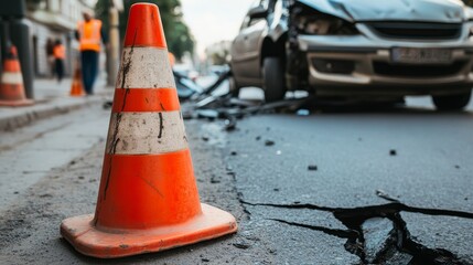 Road cone on the street in front of a broken car after a road accident. Emergency response, traffic safety, and accident aftermath. Selective focus on the warning cone in the foreground