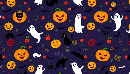 Cute Halloween seamless pattern with pumpkins, ghosts, bats, and cats.