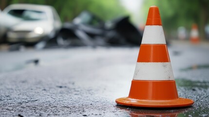 Road cone on the street in front of a broken car after a road accident. Emergency response, traffic safety, and accident aftermath. Selective focus on the warning cone in the foreground