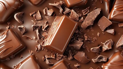 Broken chocolate bar texture crumbs concept. A close-up of rich chocolate pieces and shavings, creating a decadent and indulgent visual experience.
