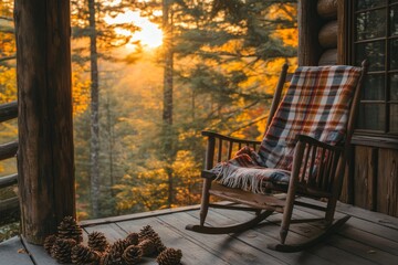 Wooden rocking chair on a porch during autumn sunset