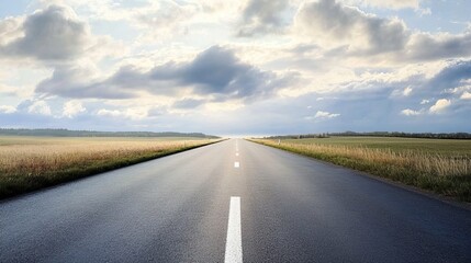 Fototapeta premium Straight Road Leading into Distance, Open Fields on Both Sides, Cloudy Skies, Smooth Asphalt, Vastness, Freedom, Driving, Walking, Simplicity in Design, Clear Path to Goals, Endless Possibilities