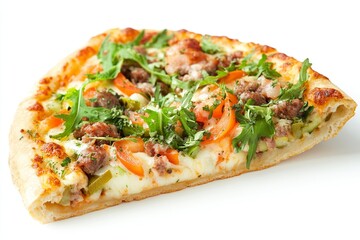 Slice of fresh pizza with vegetables & meat isolated on white background with generative ai