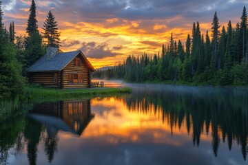 Fototapeta premium Lakeside cabin surrounded by forest reflecting in calm water at sunset