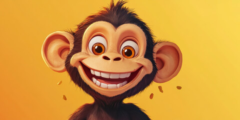 The image features a cartoonish, anthropomorphic monkey with large, expressive eyes and a wide grin, against a yellow background