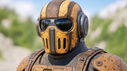 Obraz premium Rusty Retro-Futuristic Warrior: A weathered, yellow-striped helmet and armor.