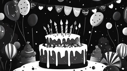 Wide Angle Black and White Happy Birthday Cartoons for Celebration