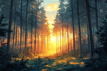Obraz premium Golden sunlight streaming through tall trees in a serene forest