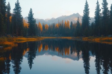 Fototapeta premium Cabin by a tranquil lake surrounded by a lush forest at sunset