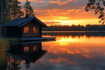 Fototapeta premium Cozy wooden cabin reflecting on still lake during golden sunset