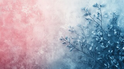 Obraz premium Vibrant Blue and Pink Background with Delicate Leaves Creating a Calm and Artistic Visual Atmosphere