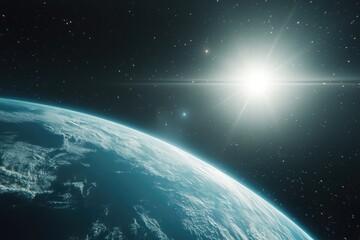 Obraz premium A realistic photograph of the Earth in space, with stars and galaxies around it. The planet is a blue-greenish color with swirling clouds on its surface. In front of the Earth, there is a small, 