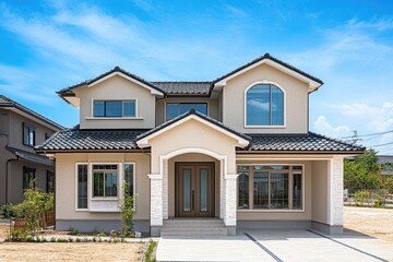 A two-story house with beige walls, white roof tiles, and brown window frames in the Japanese countryside, under a blue sky