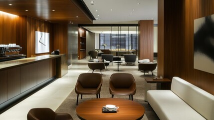 Modern office lounge with wood paneling, comfortable seating, and coffee bar.