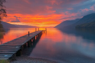 Fototapeta premium Wooden pier over calm water during a vibrant sunset