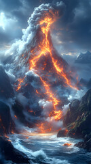 A dramatic volcano erupts with glowing lava, surrounded by clouds and mountains.