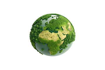 A three-dimensional green globe, where landmasses are depicted with forests and foliage, representing Earth's natural richness, isolated on a transparent background