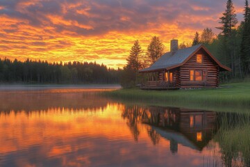 Fototapeta premium Wooden cabin reflecting on a calm lake surrounded by trees at sunset