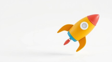 Vibrant Cartoon Rocket Taking Off into Space with a Bright Red Flame on a White Background, Copy Space