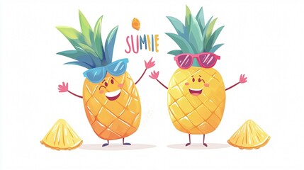 Colorful Hello Summer Poster with Pineapples Characters and Flowers