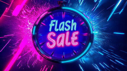 Neon flash sale banner, discount product, advertising, marketing banner.