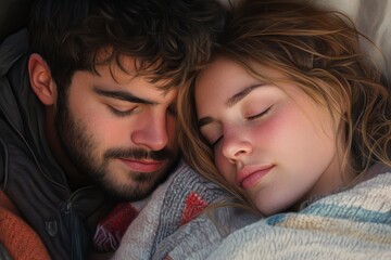 Obraz premium Intimate moment of connection, couple sharing warmth, soft blankets enveloping them, serene atmosphere of love and comfort.