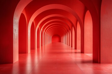 Obraz premium 3D render of a red arched tunnel with simple lines, soft lighting, and symmetrical composition in a minimalistic background, high resolution.