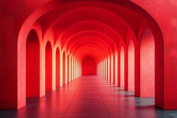 3D render of a red arched tunnel with simple lines, soft lighting, and symmetrical composition in a minimalistic background, high resolution.