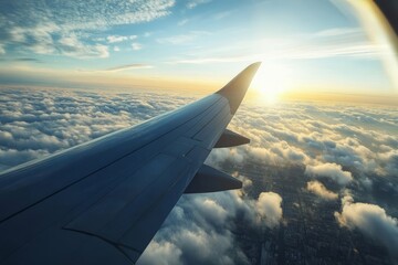 Experience the breathtaking beauty of a serene morning flight, with sunlight glistening on the wing as you glide over a vibrant city, surrounded by fluffy clouds in a clear blue sky