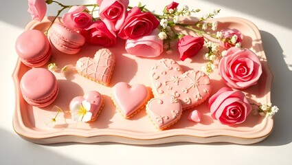 Valentine's Day Pink Desserts and Roses on Elegant Tray