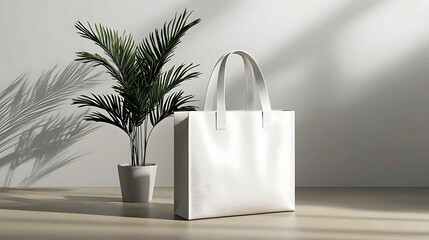 Stylish white tote bag on display modern interior product photography