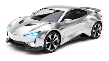 Silver Futuristic Car in a Side Profile View on a White Background
