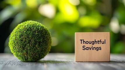 Creative finance concept featuring green moss ball and 'Thoughtful Savings' wooden block, symbolizing eco-friendly investment.