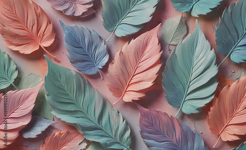 Aufkleber colorful leaf pattern with pink, blue, and green leaves. the leaves are arranged in a way that they 