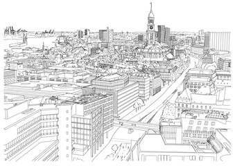 Hamburg Skyline with St Michael Church and Port View, Vector Illustration