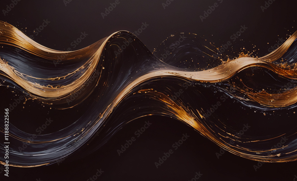 Poster Beautiful, long, and curvy wave made of gold and black paint. The gold is in the middle of the wave, creating a striking contrast with the dark background. The wave appears to be flowing and dynamic