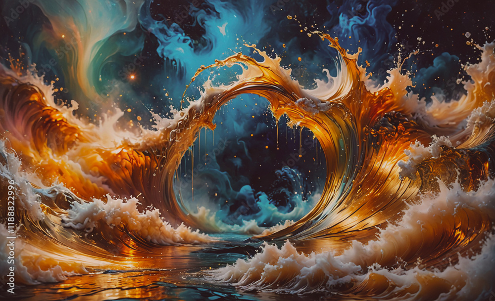 Poster painting of a wave with a golden circle in the middle. the circle is surrounded by water and the sky