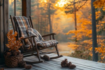 Autumn balcony with a cozy chair and pumpkin decor overlooking trees