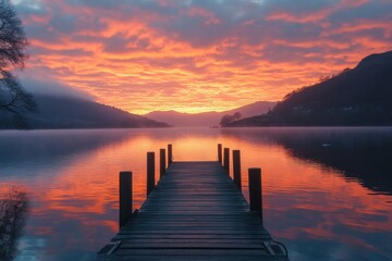 Obraz premium Dock over a tranquil lake at sunset with vivid orange skies