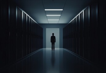Fototapeta premium Dark Corridor with Silhouette of Person in Data Center Environment