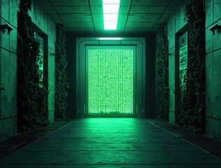 Obraz premium Futuristic Corridor with Neon Green Lights and Matrix Code Display