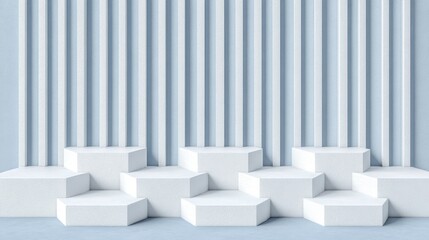 Abstract Minimalist 3D Render: Geometric White Steps Against a Blue Striped Wall