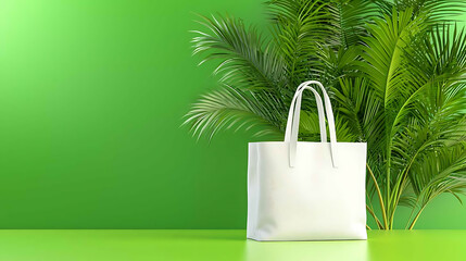 Eco-friendly canvas bag mockup green background studio photography