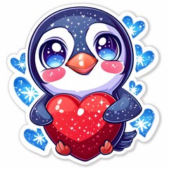 Fototapeta premium Cute penguin character holding a heart in a whimsical, colorful design during a cheerful setting
