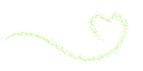 Fototapeta premium Green star trail in the shape of a heart. Shimmering dust flying and leaving behind a heart-shaped trail. Bright dust particles glow with the special festive light of Christmas. PNG. 